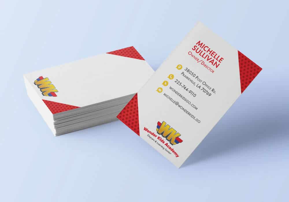 White business cards with red corners